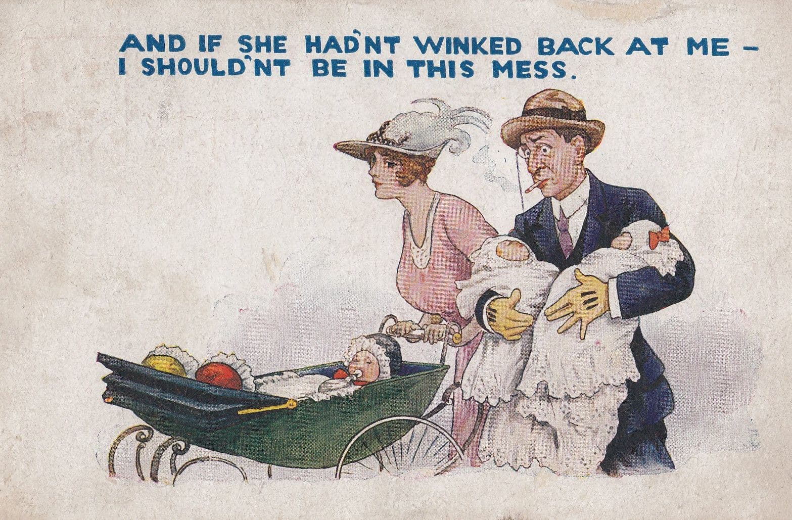 Man With Huge Big Family Children Pushchair Antique Comic Postcard