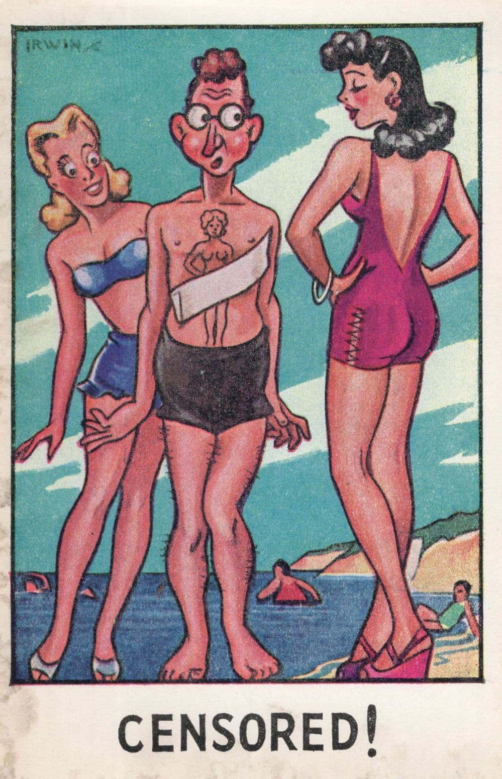 Man With Nude Lady Body Art Tattoo Antique Comic Postcard