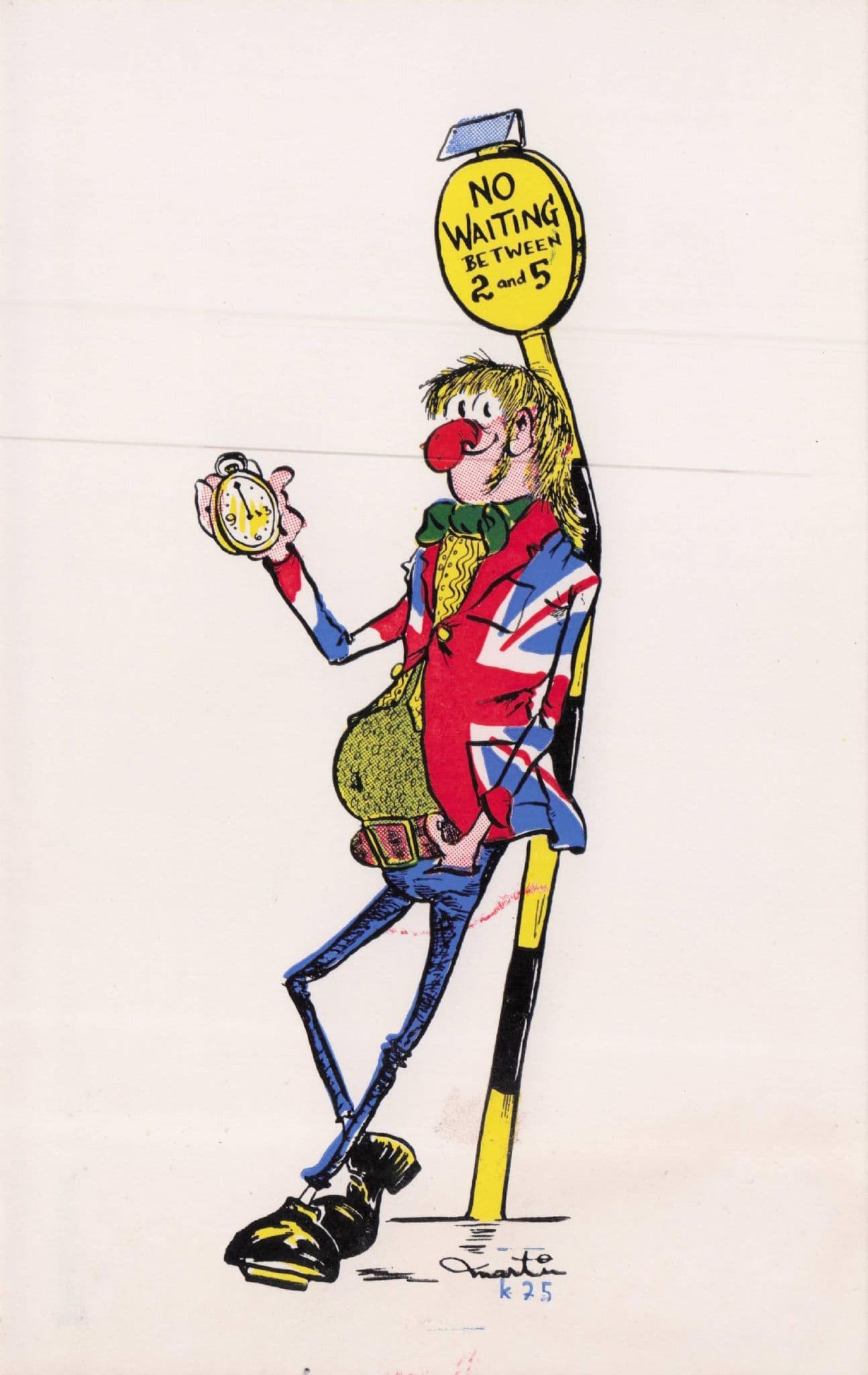 Man With Old Stopwatch at Bus Stop Union Jack Suit 1970s Comic Postcard