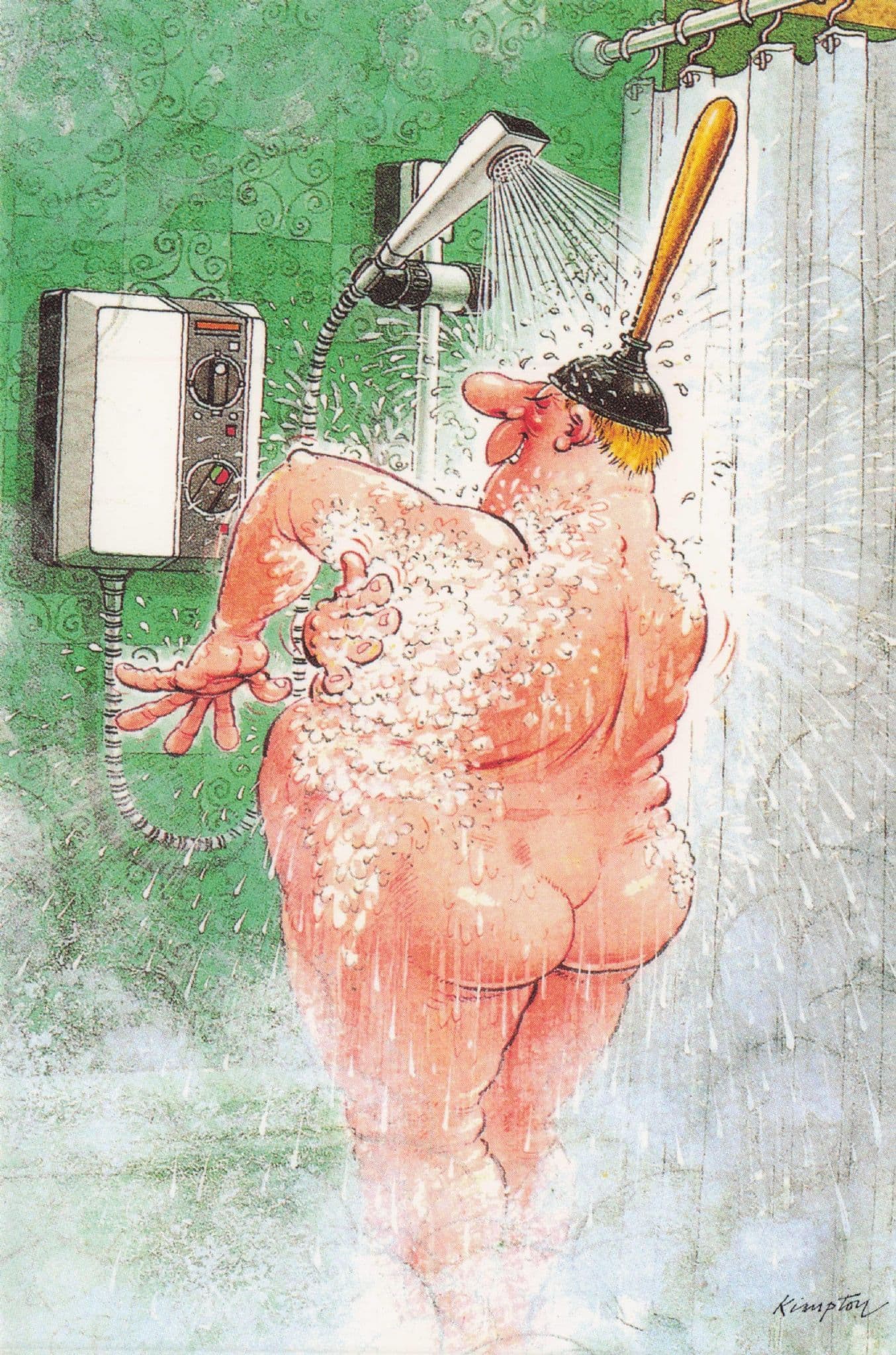 Man With Toilet Plunger Stuck To Head Disaster Shower Comic Postcard