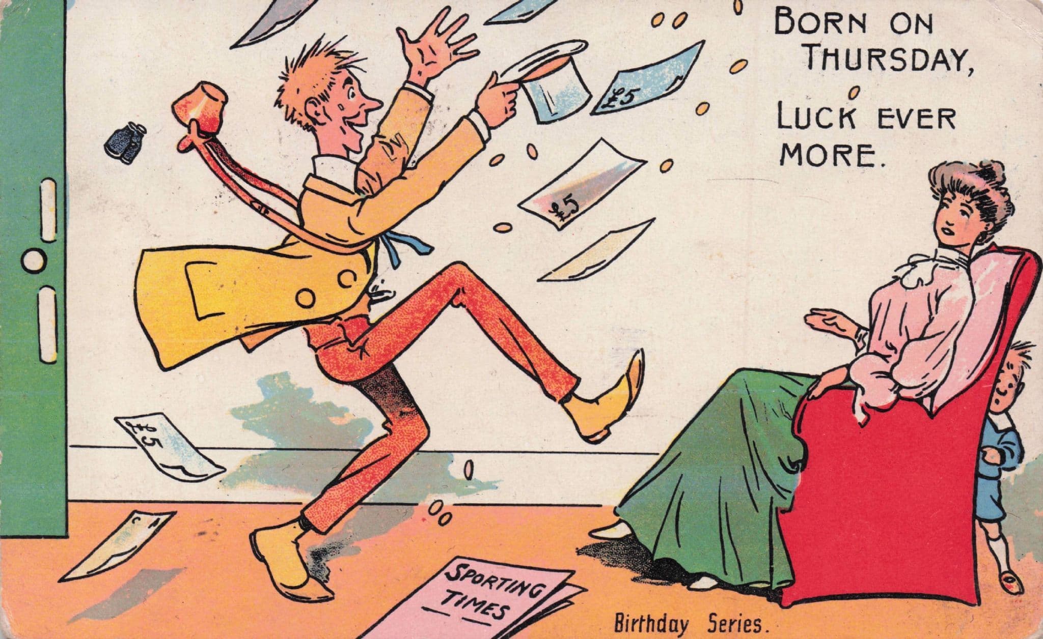 Man Won His Betting Slip Money Born On Thursday Old Comic Postcard