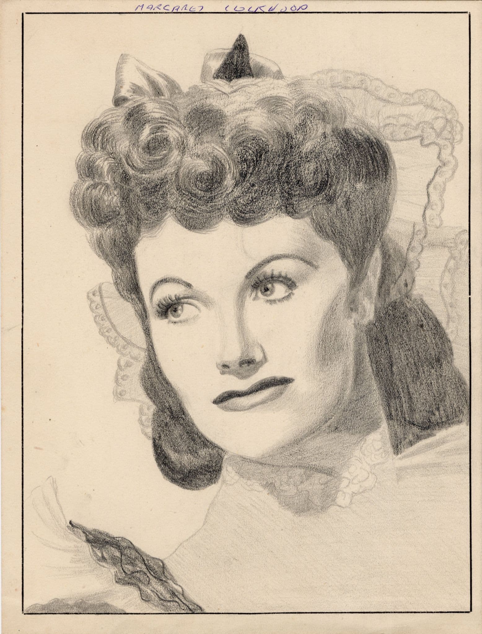 Margaret Lockwood Hollywood Film Actress Large Vintage Rare Hand Art Drawing