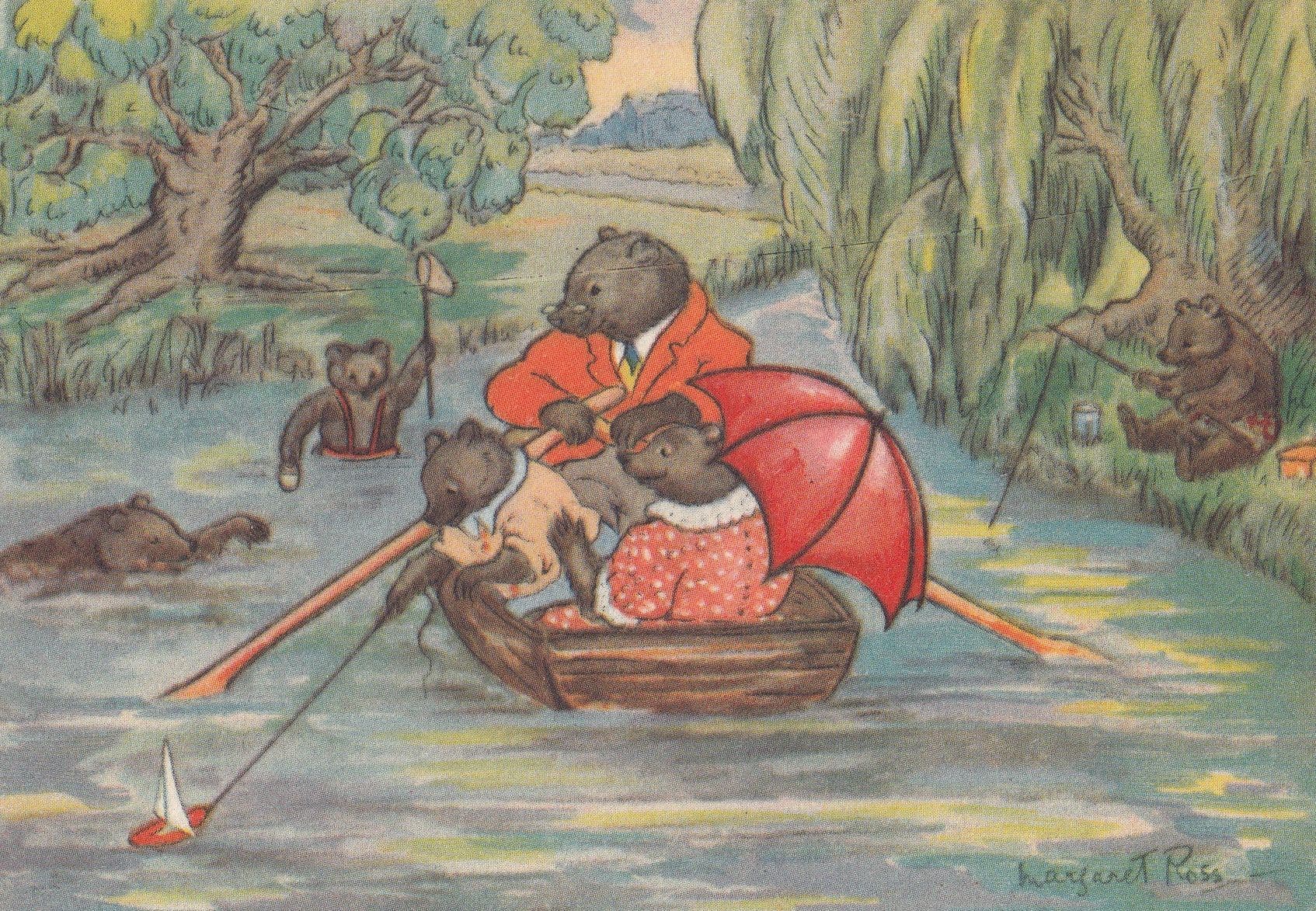 Margaret Ross On The River Moles Bears In Boat Postcard