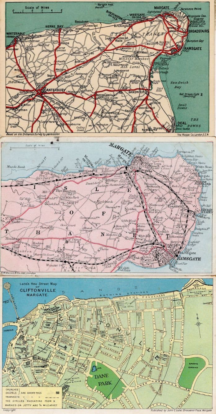 Margate Cliftonville Kent Map 3x Rare Old Postcards