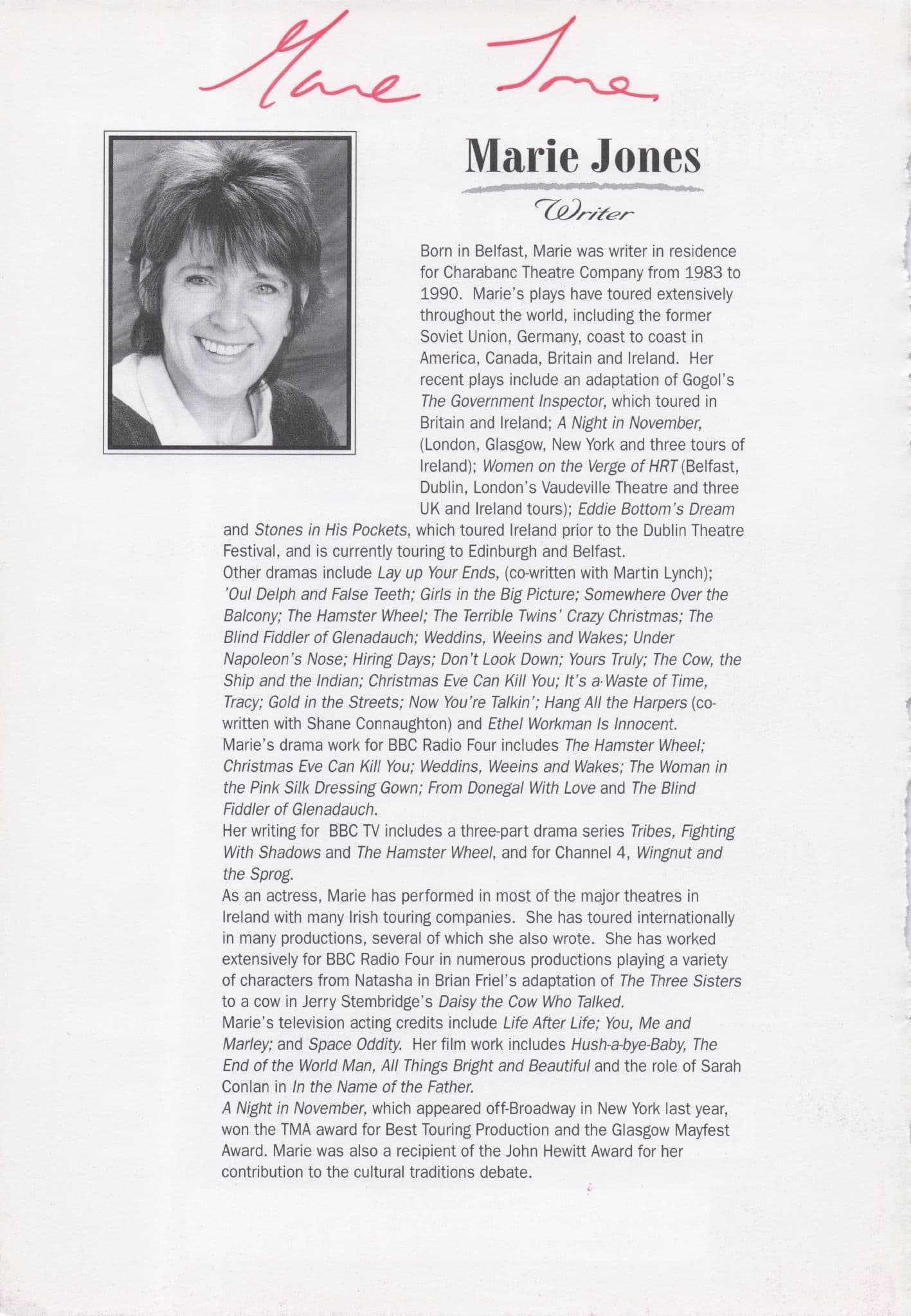 Marie Jones Playwright In The Name Of The Father IRA Hand Signed Theatre Page