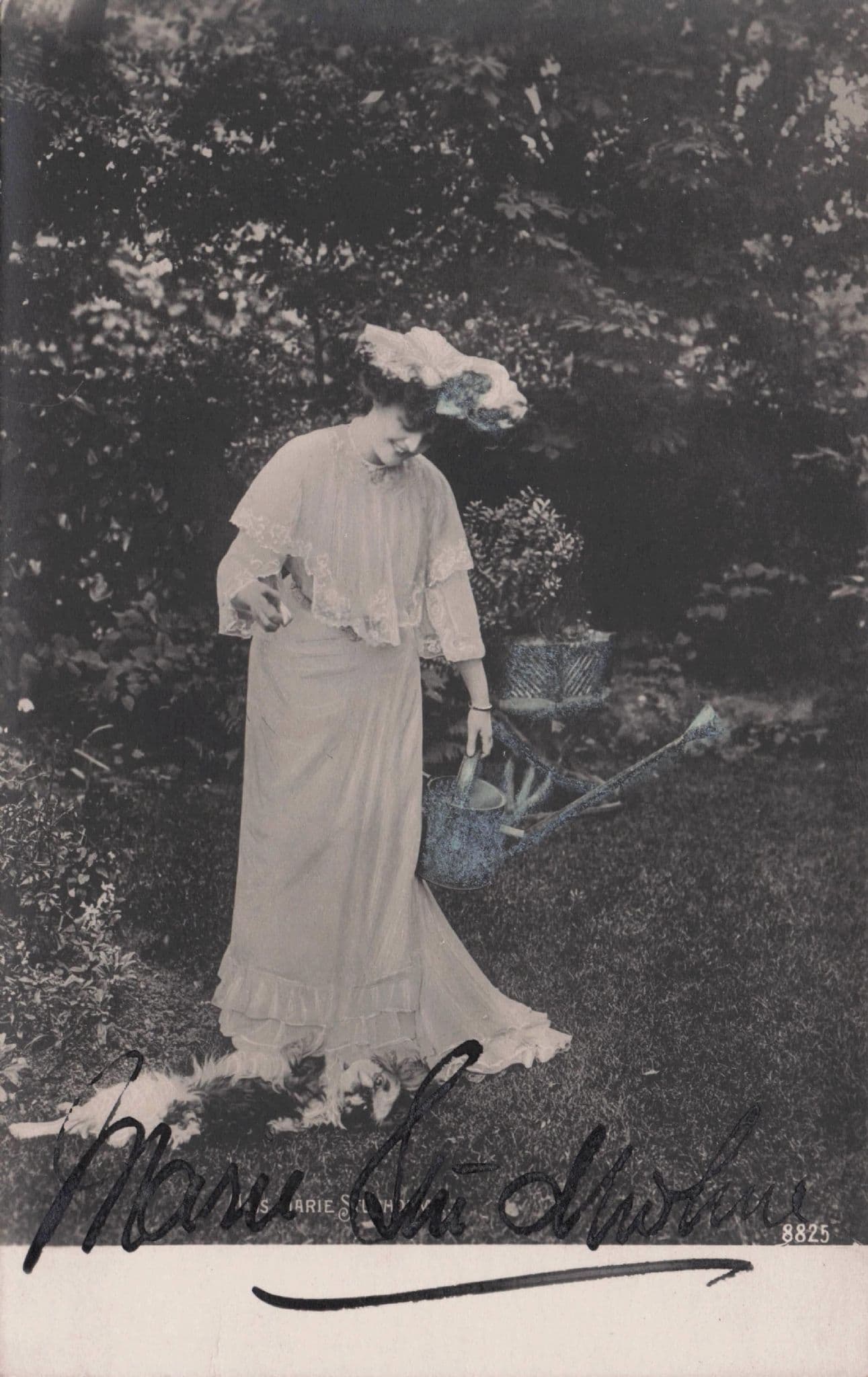 Marie Studholme & Dog Watering Garden Hand Signed Old Actress Photo Postcard