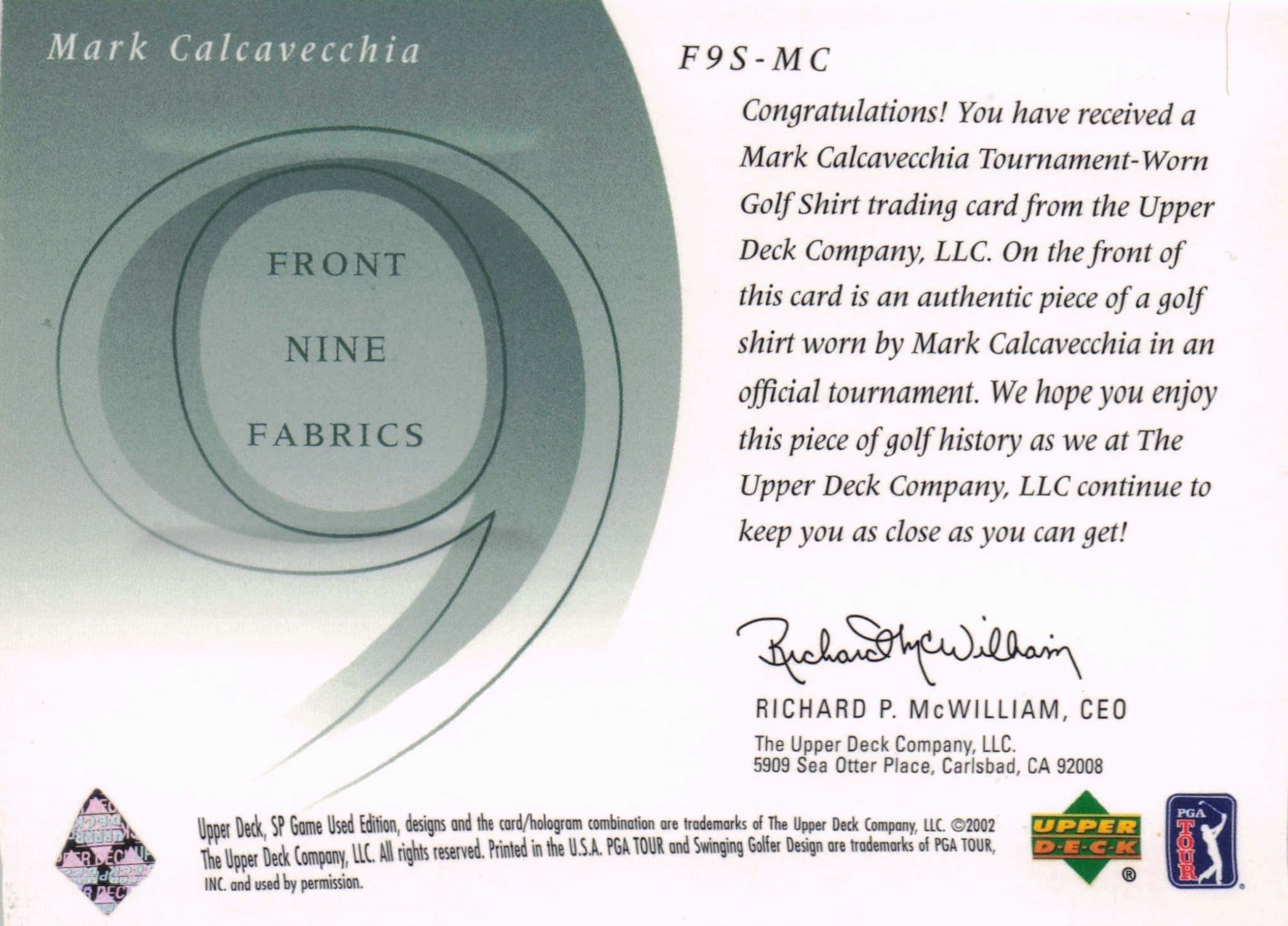 Mark Calcavecchia Front 9 Fabric 2002 Upper Deck Authentic Shirt Card