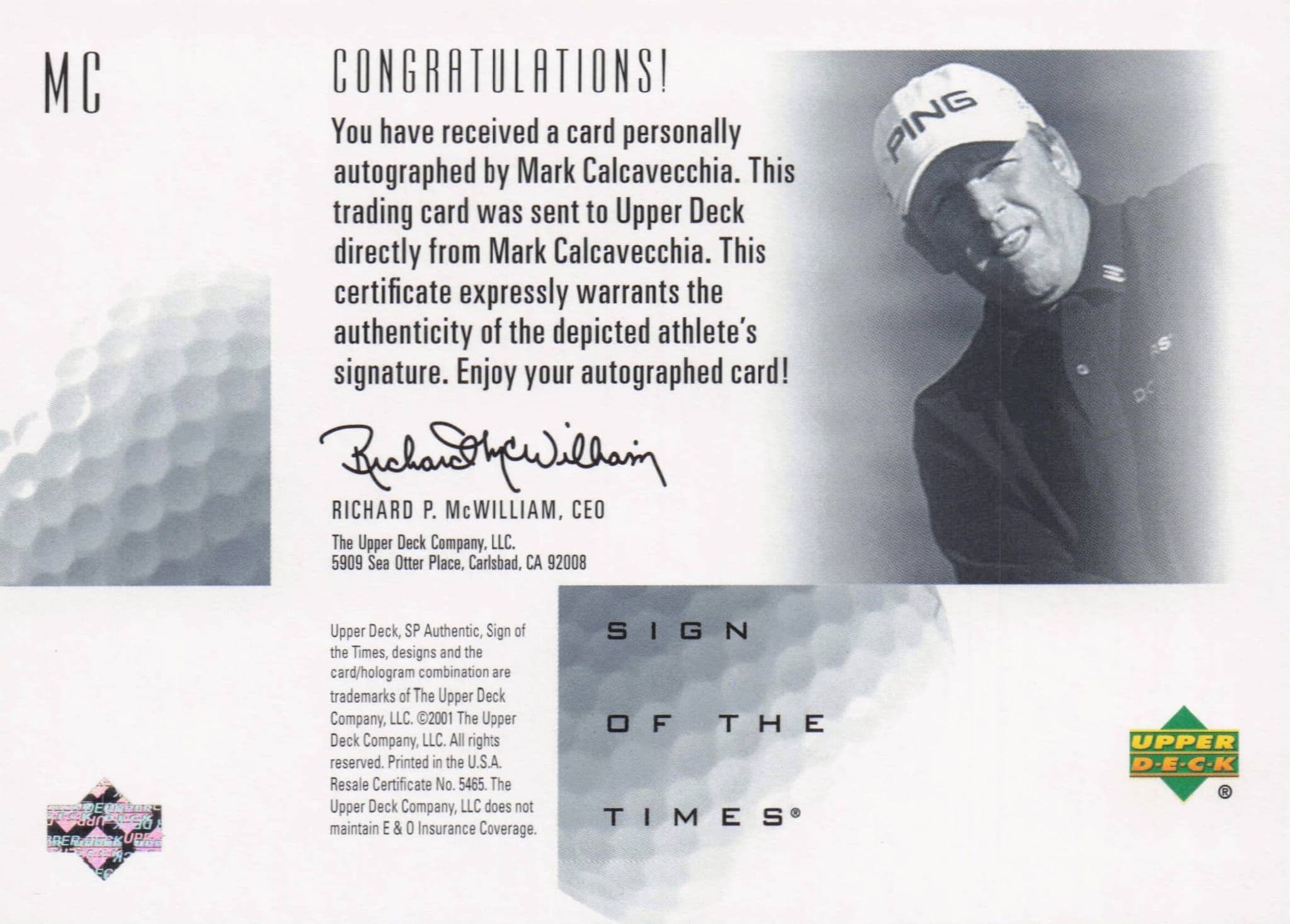 Mark Calvacecchia Sign Of The Times Hand Signed 2001 SP Golf Autograph Card