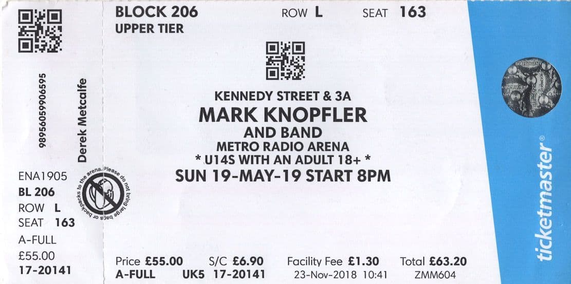 Mark Knopfler Dire Straits Newcastle Arena Unused ÔøΩ55 Live Ticket