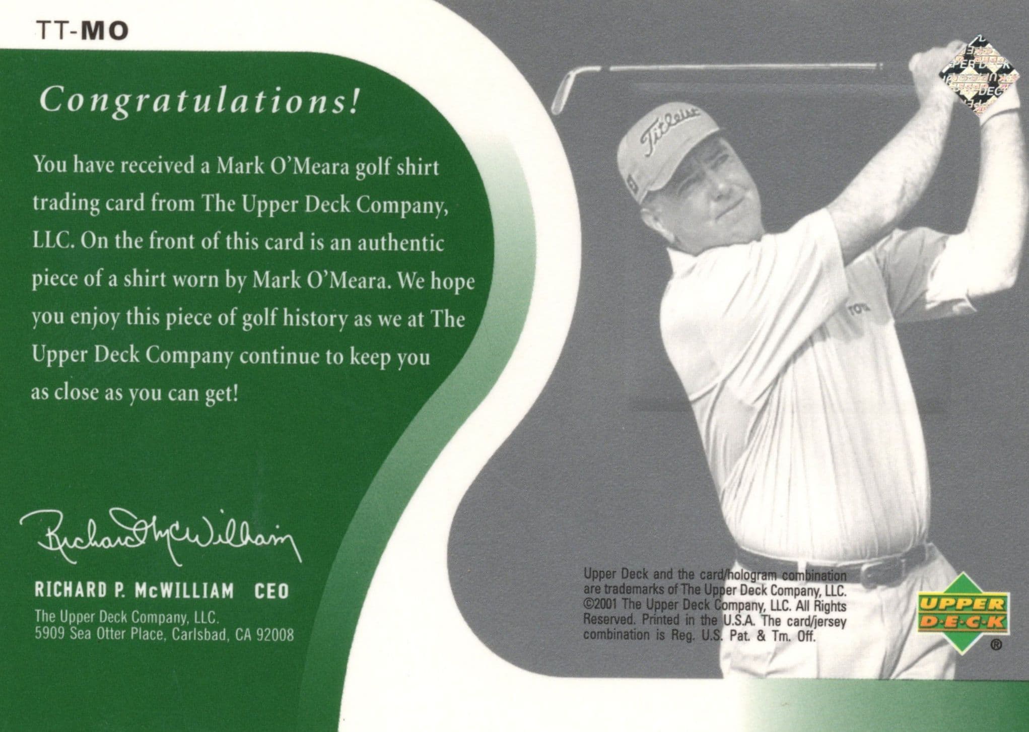 Mark O'Meara 2001 Upper Deck Worn Shirt Golf Tour Rare Limited Threads Card