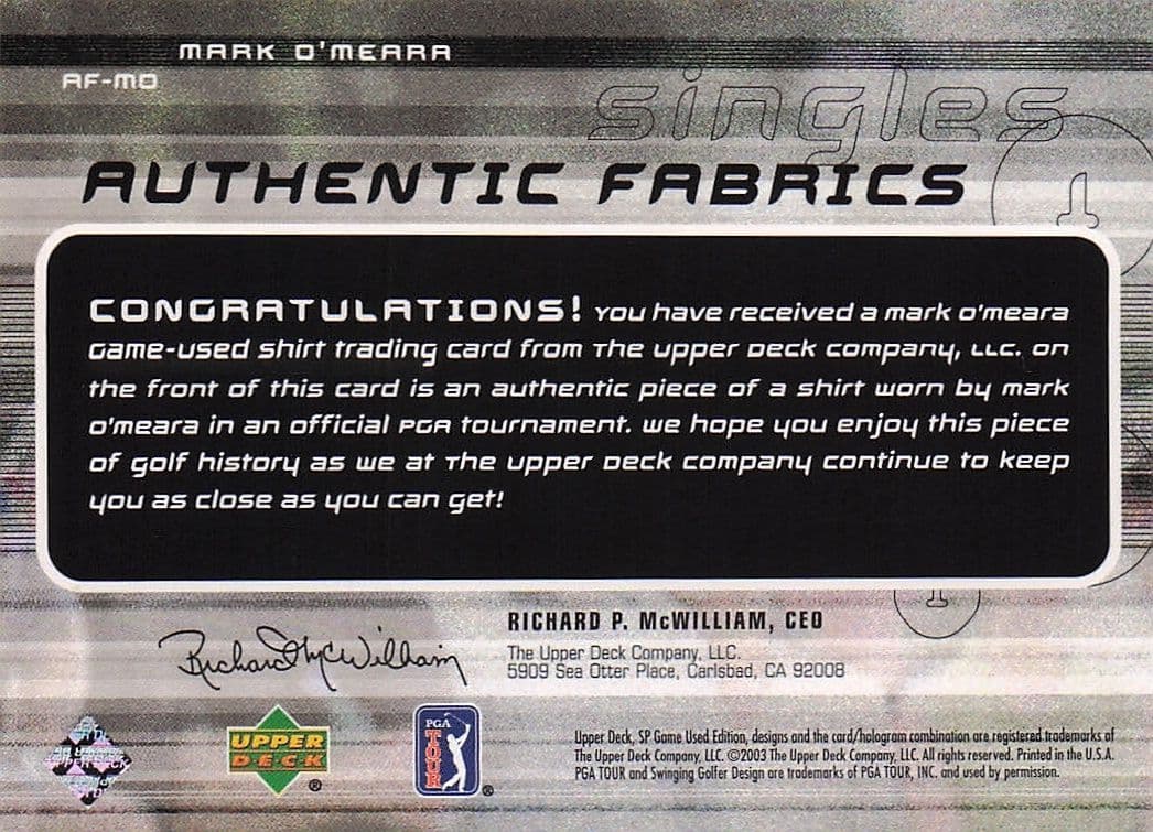 Mark O'Meara Authentic Fabrics Singles Golf Upper Deck Worn Shirt Card