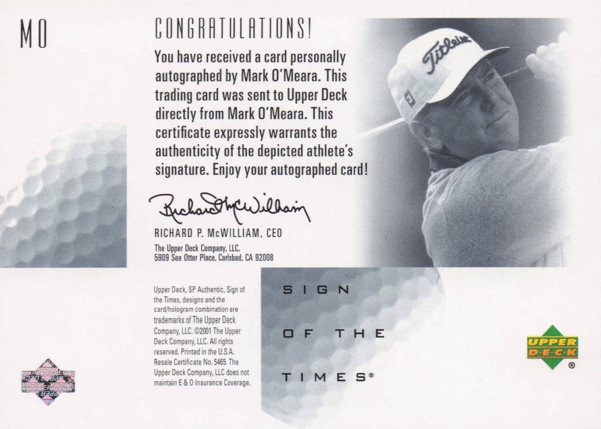 Mark O'Meara Sign Of The Times Hand Signed 2001 SP Golf Autograph Card