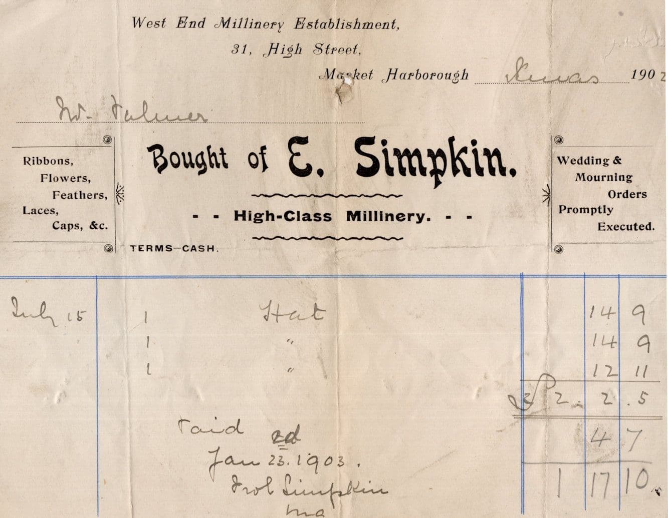Market Harborough Women ÔøΩ200 Designer Hat Millinery Old 1902 Receipt