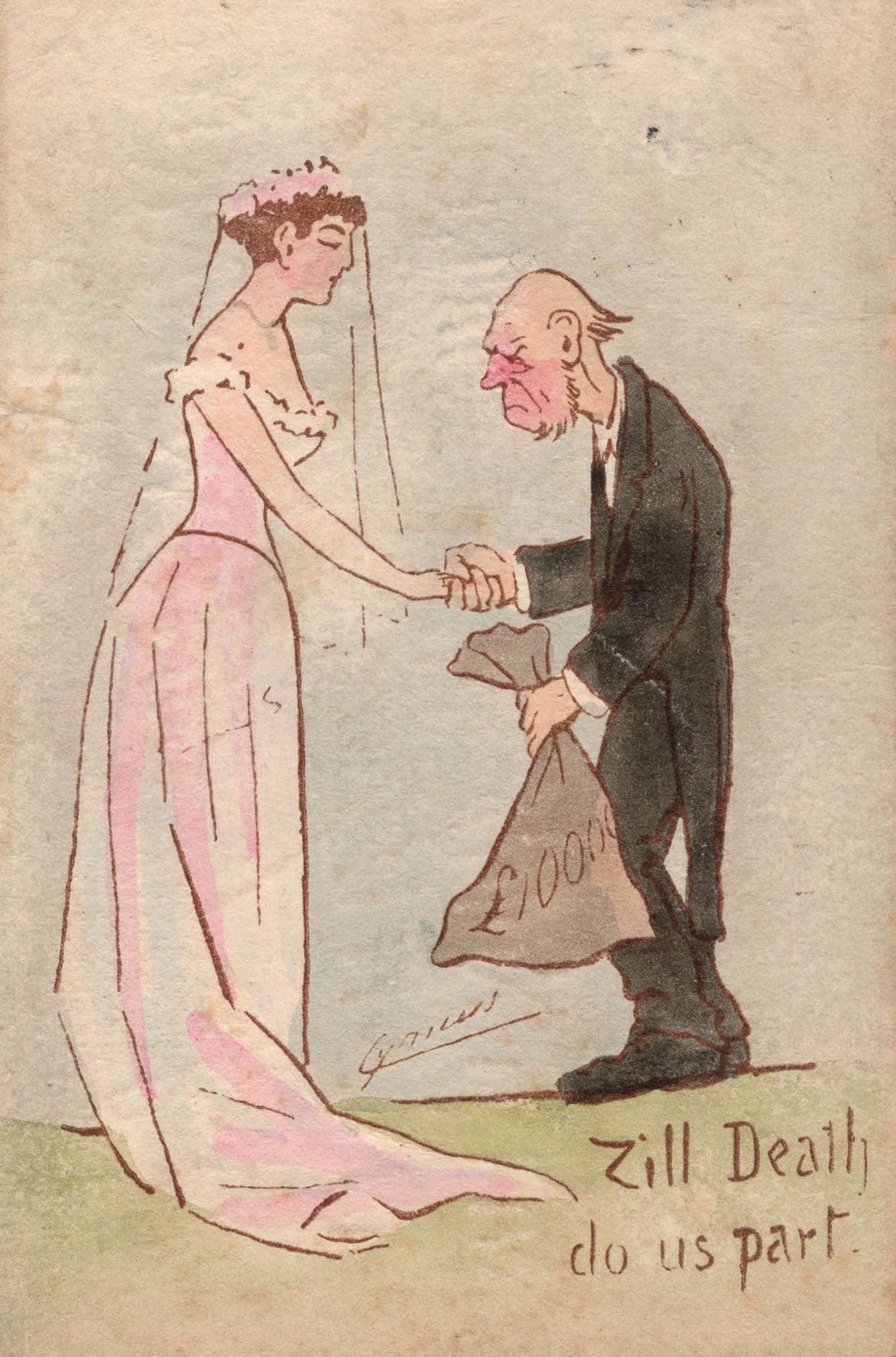 Marrying For Money Till Death Do Us Part Bride Old Comic Postcard
