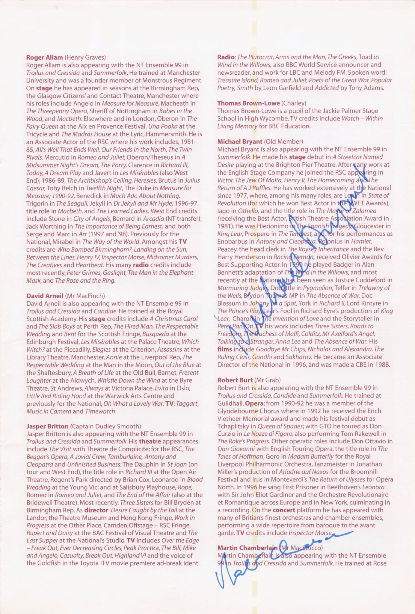 Martin Chamberlain Man For All Seasons Hand Signed Theatre Page