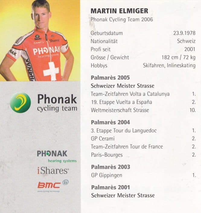 Martin Elmiger Swiss Cycling Champion Phonak Team Hand Signed Photo