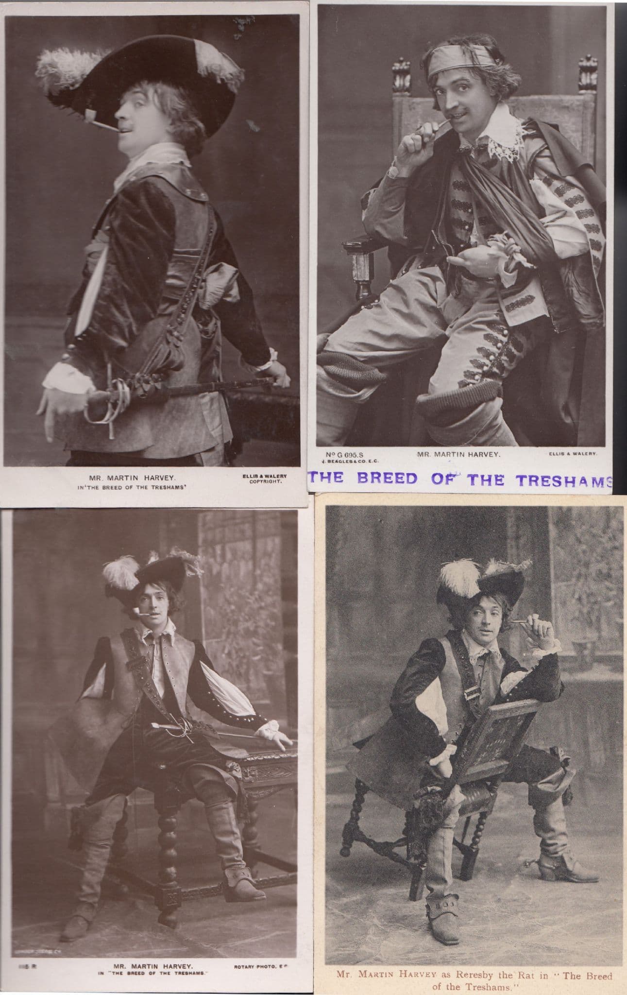 Martin Harvey in The Breed Of The Treshams 4x Theatre RPC Postcard s