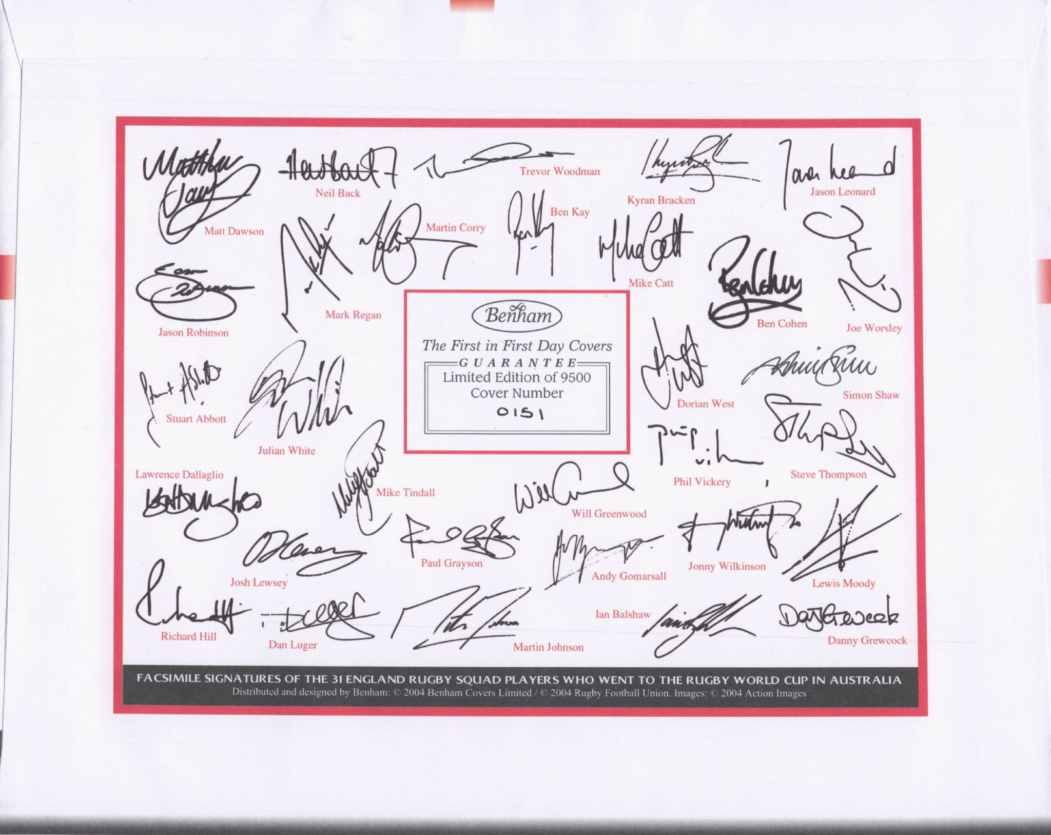 Martin Johnson MULTI LARGE Benham England Rugby World Cup Hand Signed FDC