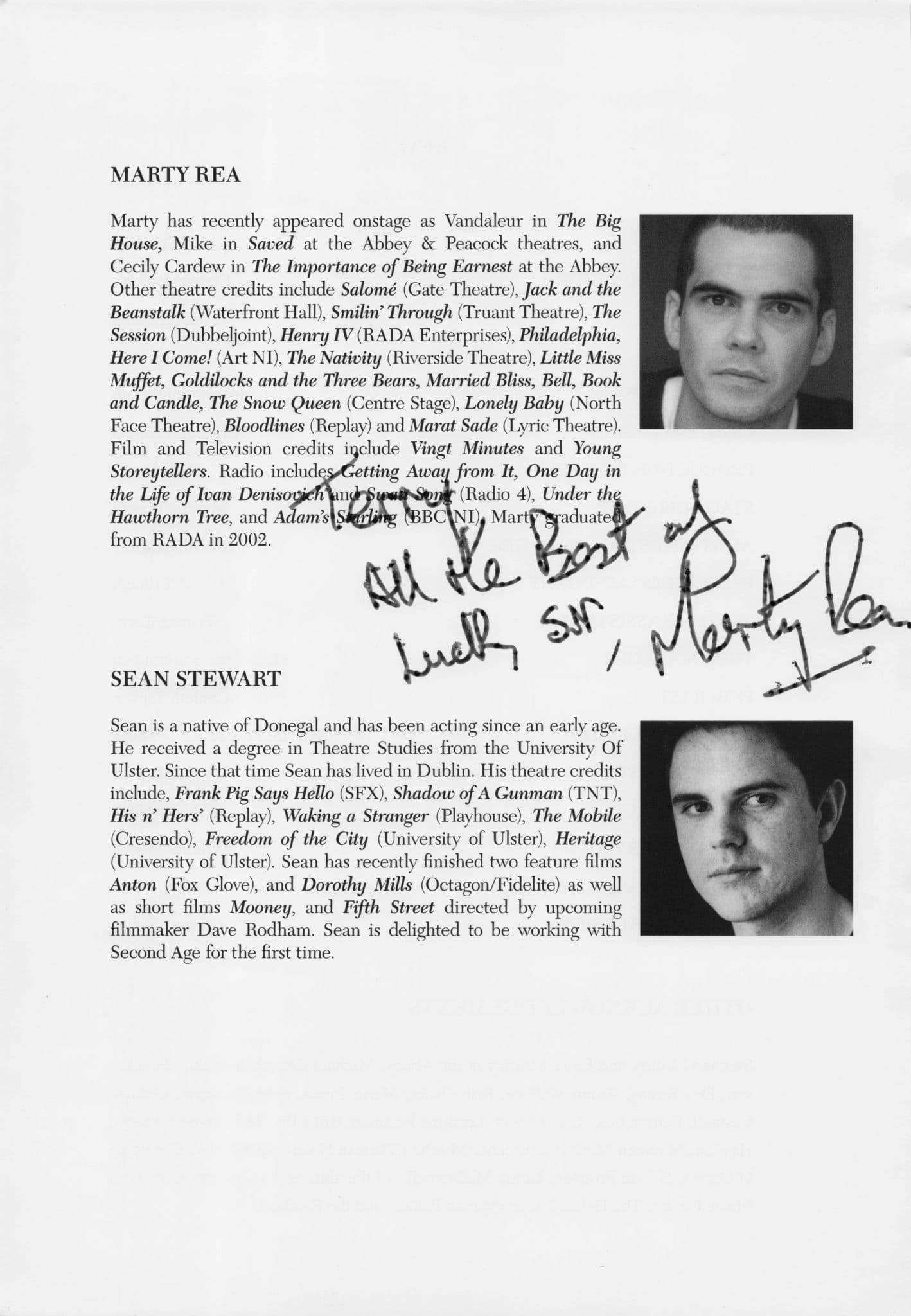 Marty Rea Historic Irish Award Stage Actor Hand Signed Theatre Page
