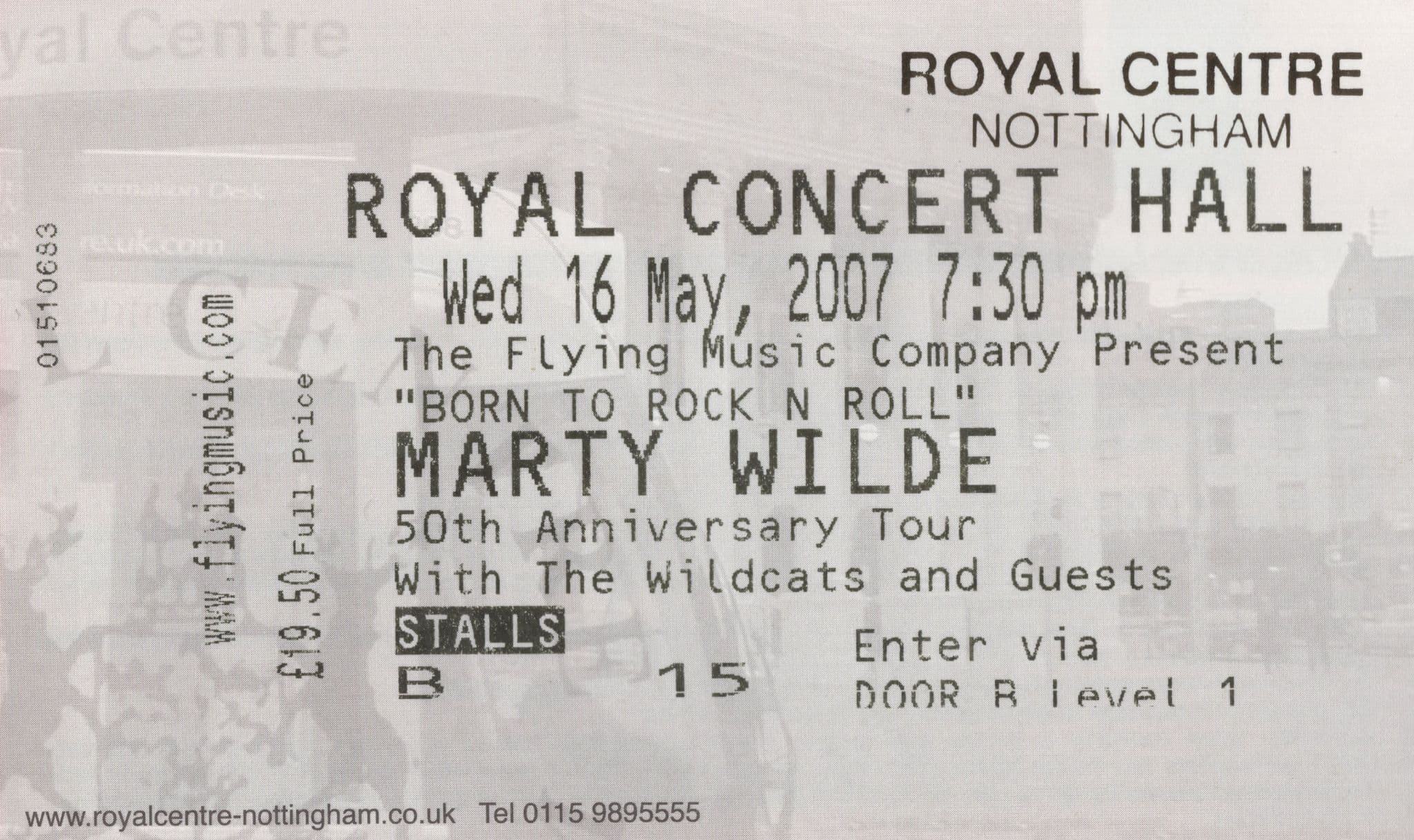 Marty Wilde Nottingham Front ROW B 2007 Live Concert Theatre Ticket
