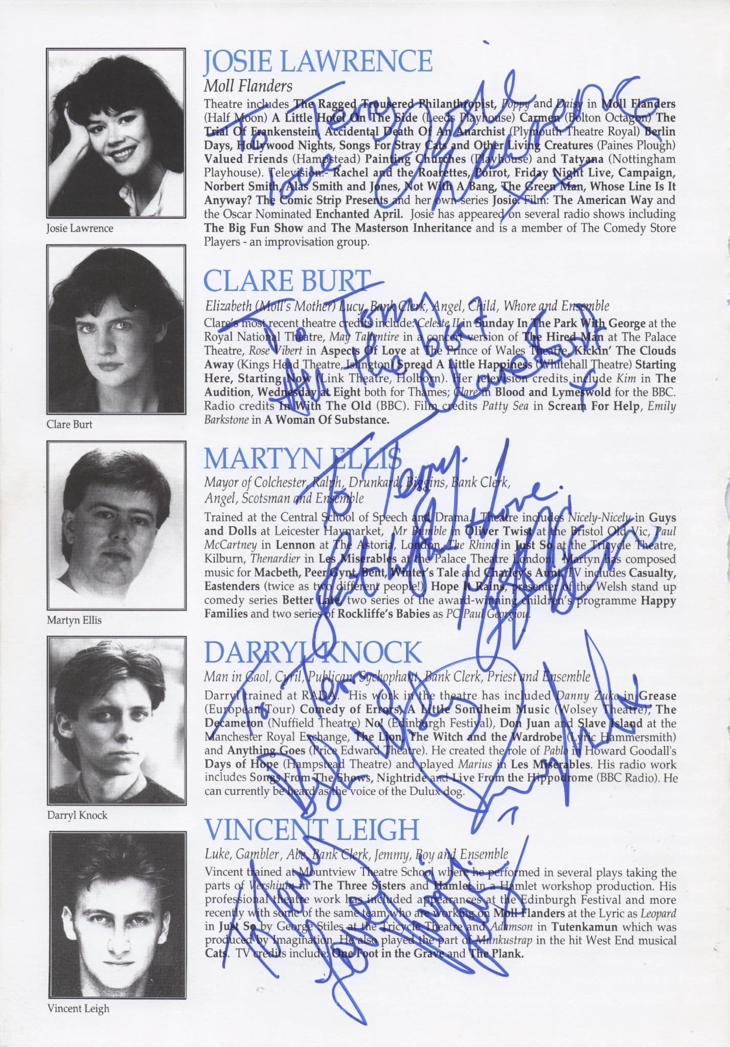 Martyn Ellis Clare Burt Josie Lawrence Darryl Knock 5x Hand Signed Theatre Page