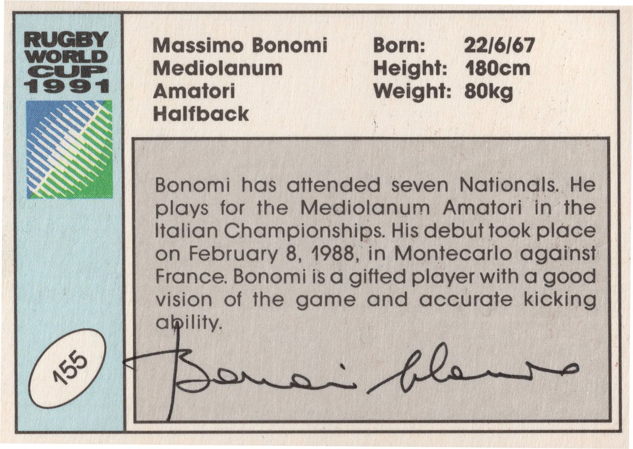 Massimo Bonomi Italy Hand Signed Rugby 1991 World Cup Card Photo
