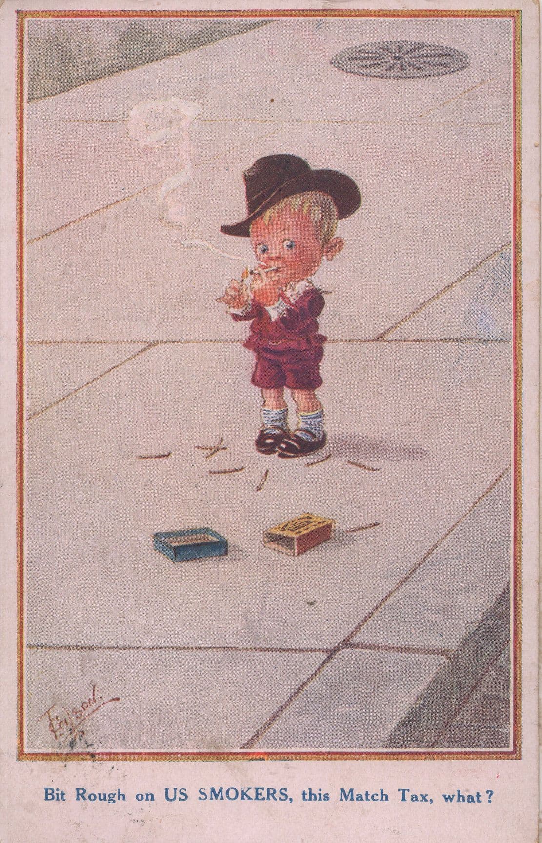 Match Tax US Boy Smoking Box Of Matches WW1 1918 Comic Postcard