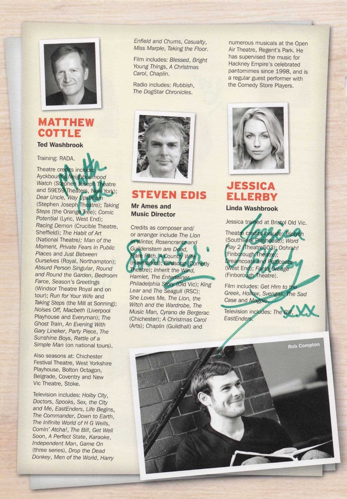 Matthew Cottle Steven Edis Teresa Banham Bob Compton 6x Signed Theatre Page