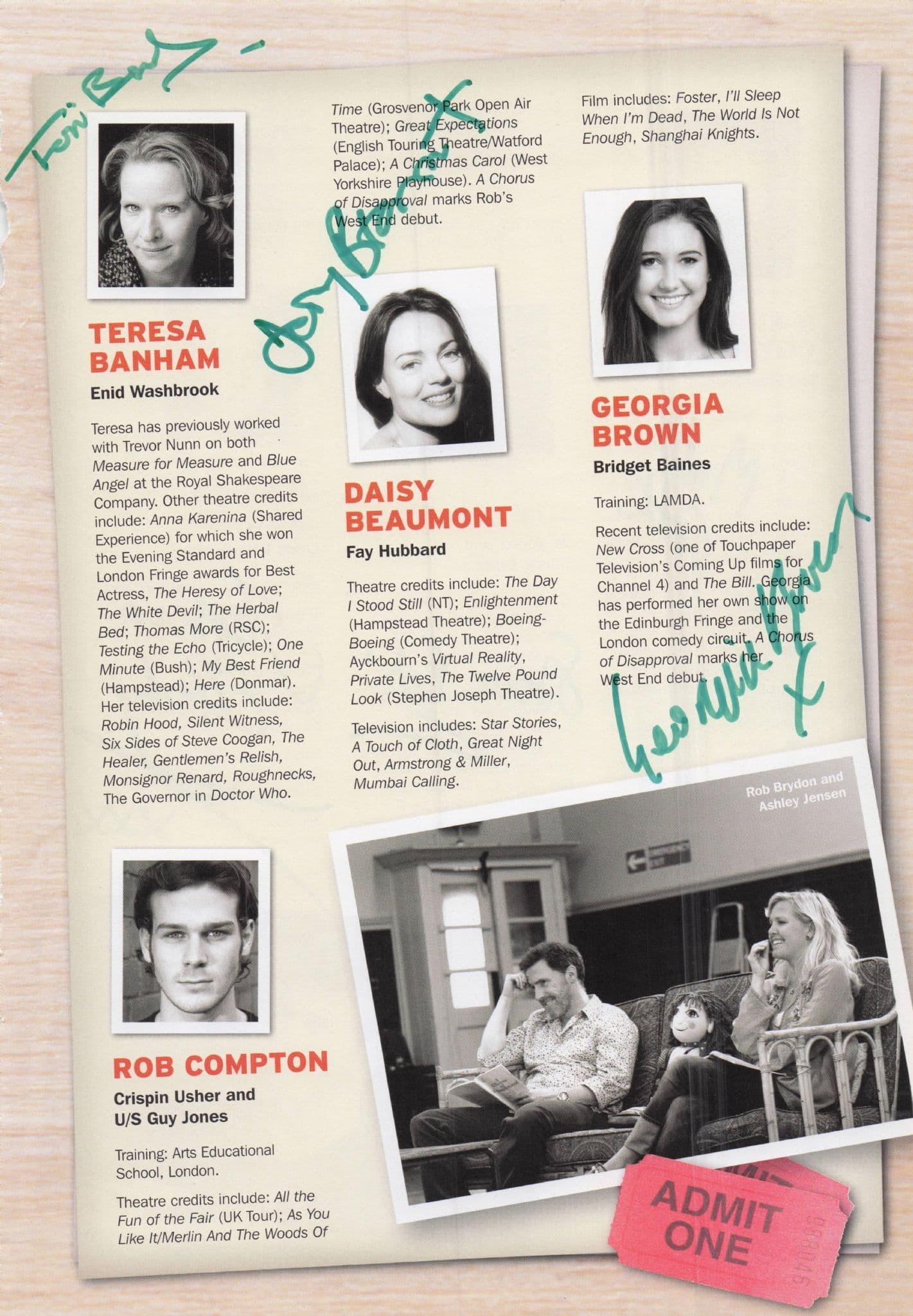 Matthew Cottle Steven Edis Teresa Banham Bob Compton 6x Signed Theatre Page