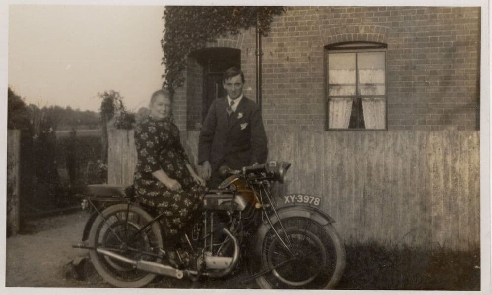 Mature Lady Rider Man & Blazer Insignia Antique Motorcycle Postcard