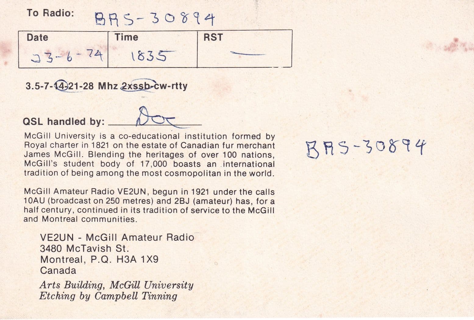 McGill University Amateur Radio Station Montreal Canada QSL Card