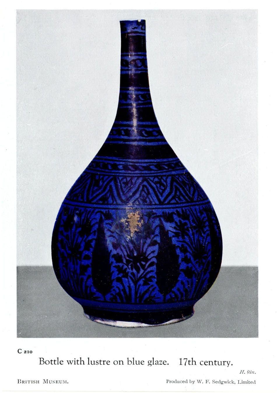 Medieval Bottle With Lustre On Blue Glaze Antique Pottery Old Postcard