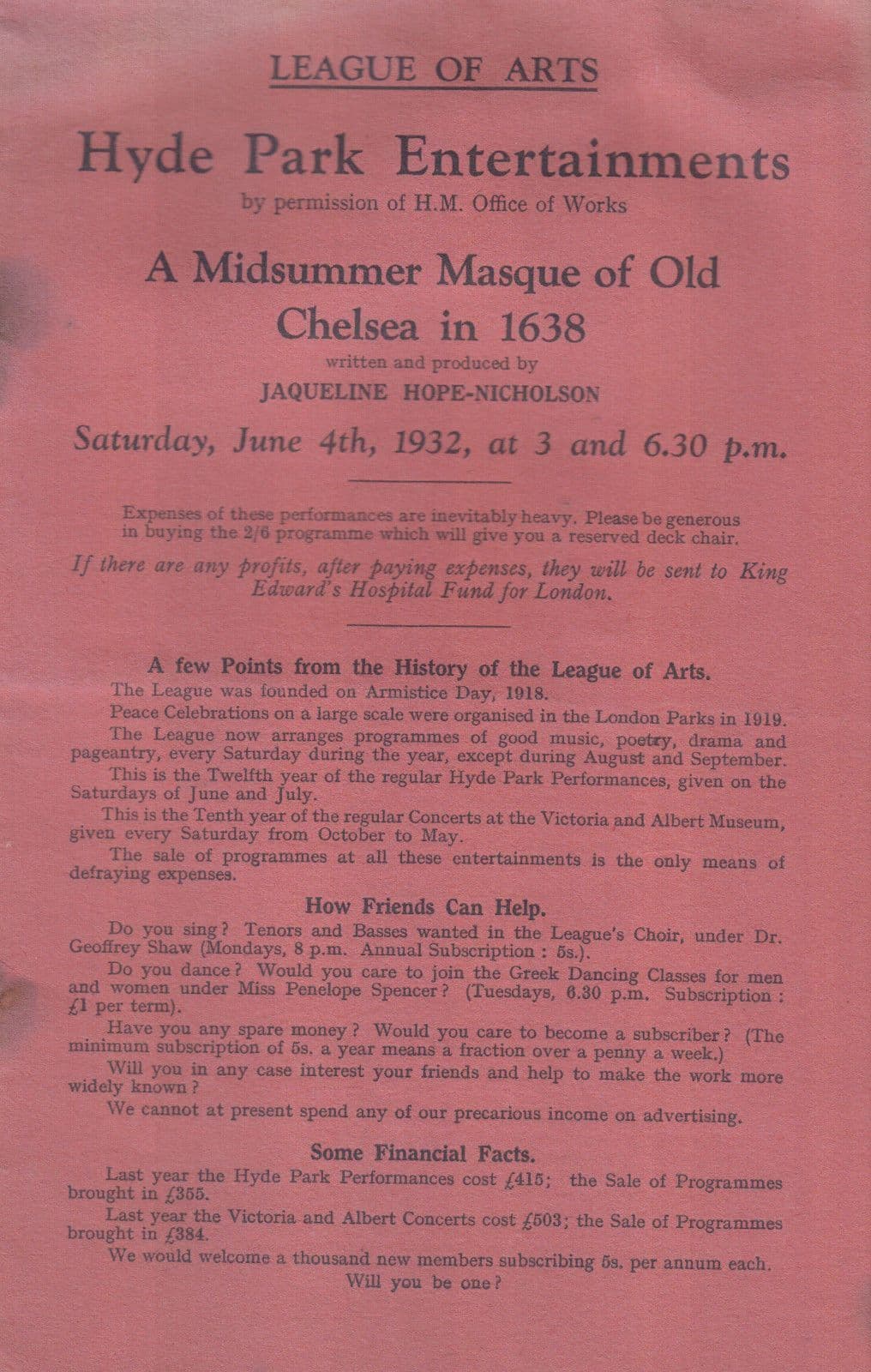Medieval Chelsea Musical Antique 1930s London Hyde Park Play Theatre Programme