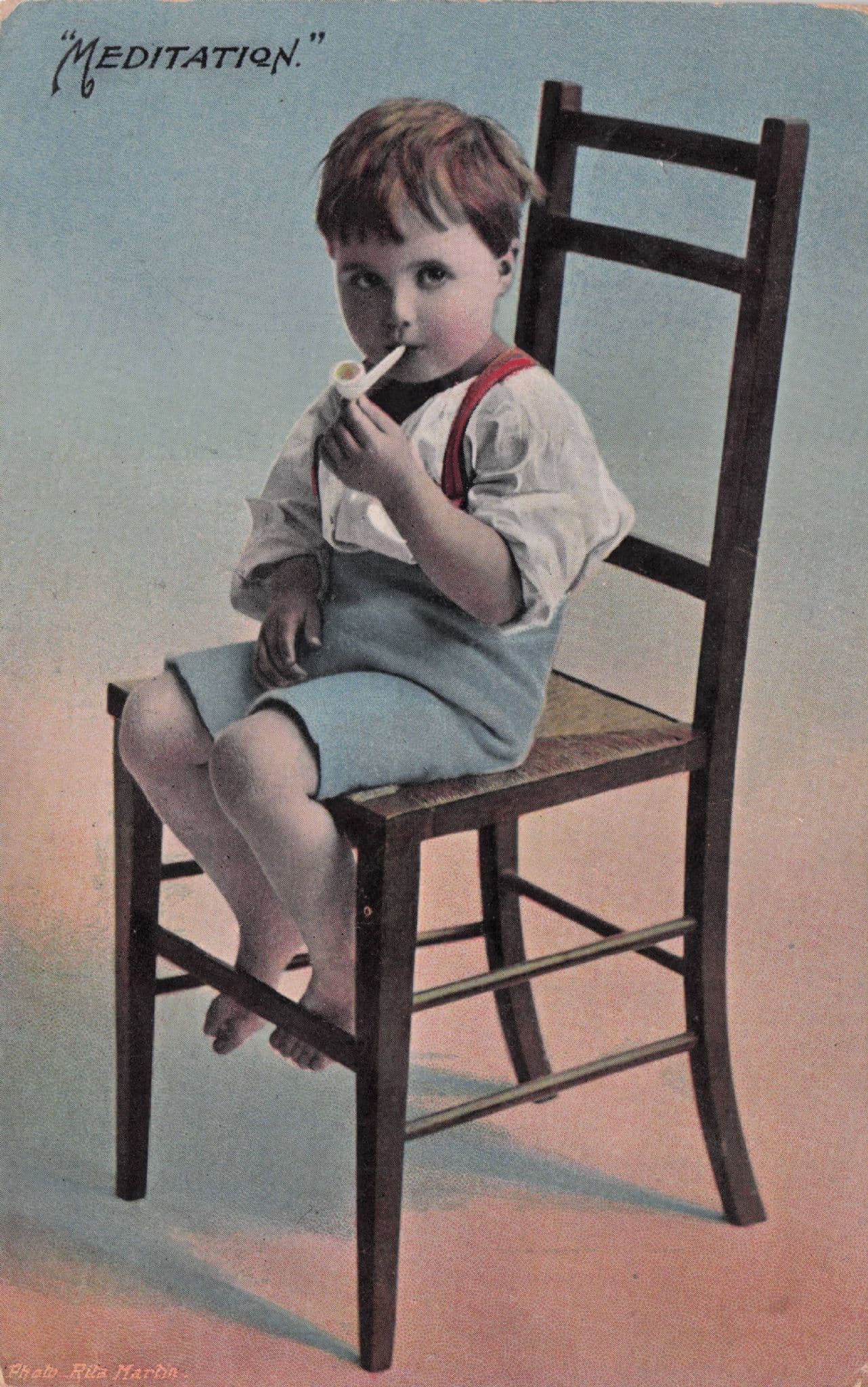 Meditation Child Smoking Toy Pipe Real Photo Old Postcard