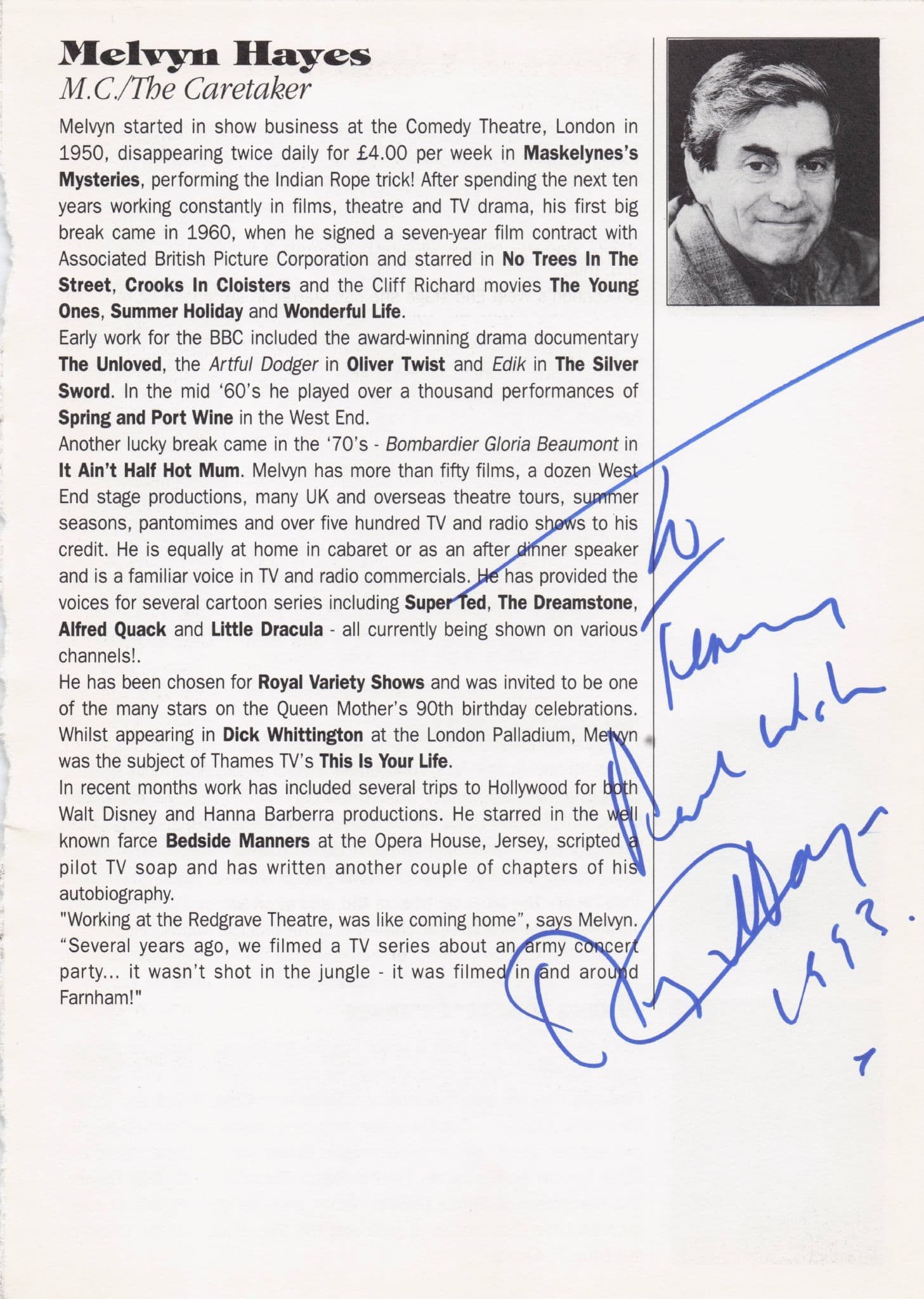 Melvyn Hayes It Ain't Half Hot Mum Hand Signed Theatre Photo Page