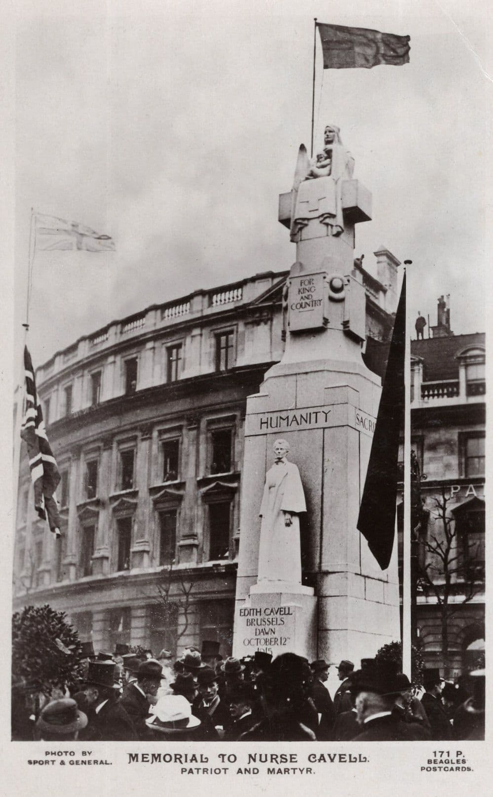 Memorial Flag Flying WW1 Nurse Edith Cavell Patriot & Martyr Beagles RARE Postcard