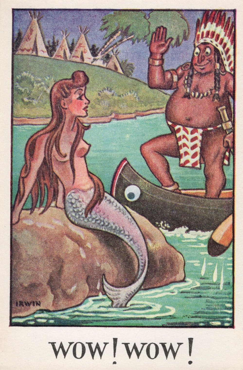 Mermaid & Red Indian River Antique Irish Old Comic Postcard