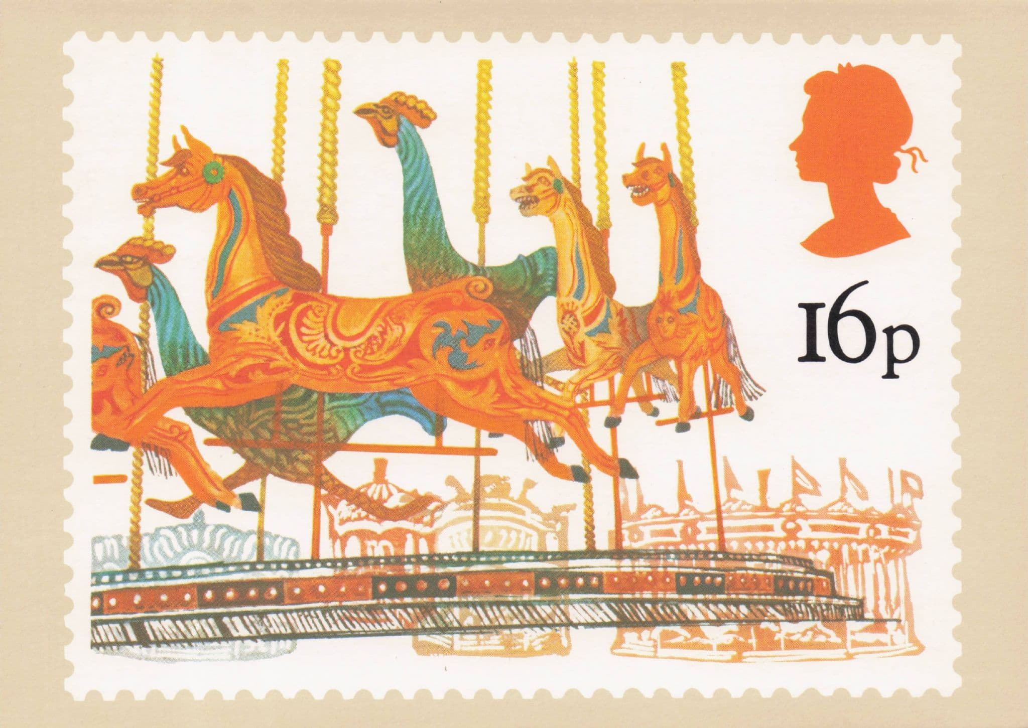 Merry Go Round Fairground Royal Mail Stamp Painting Postcard