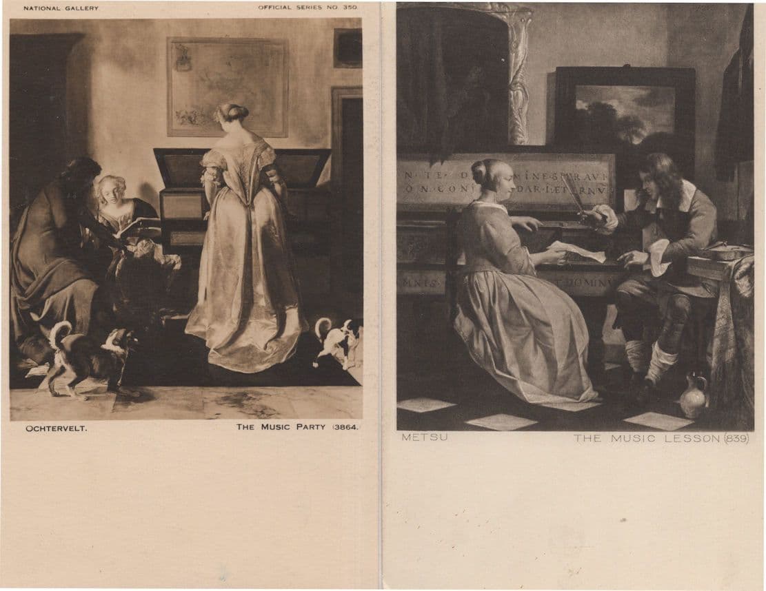 Metsu The Music Lesson Party Ochtervelt 2x Piano Painting WW2 Postcard s