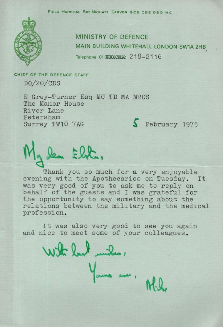 Michael Carver WW2 Field Marshall 1975 Hand Signed MOD Letter To WW2 Doctor