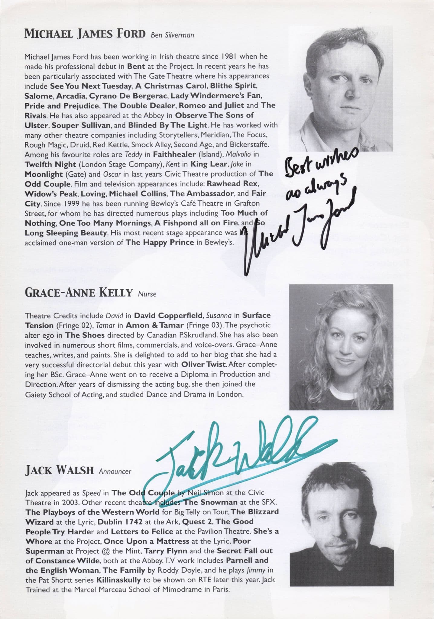 Michael James Ford Jack Walsh Hand Signed Photo Theatre Page