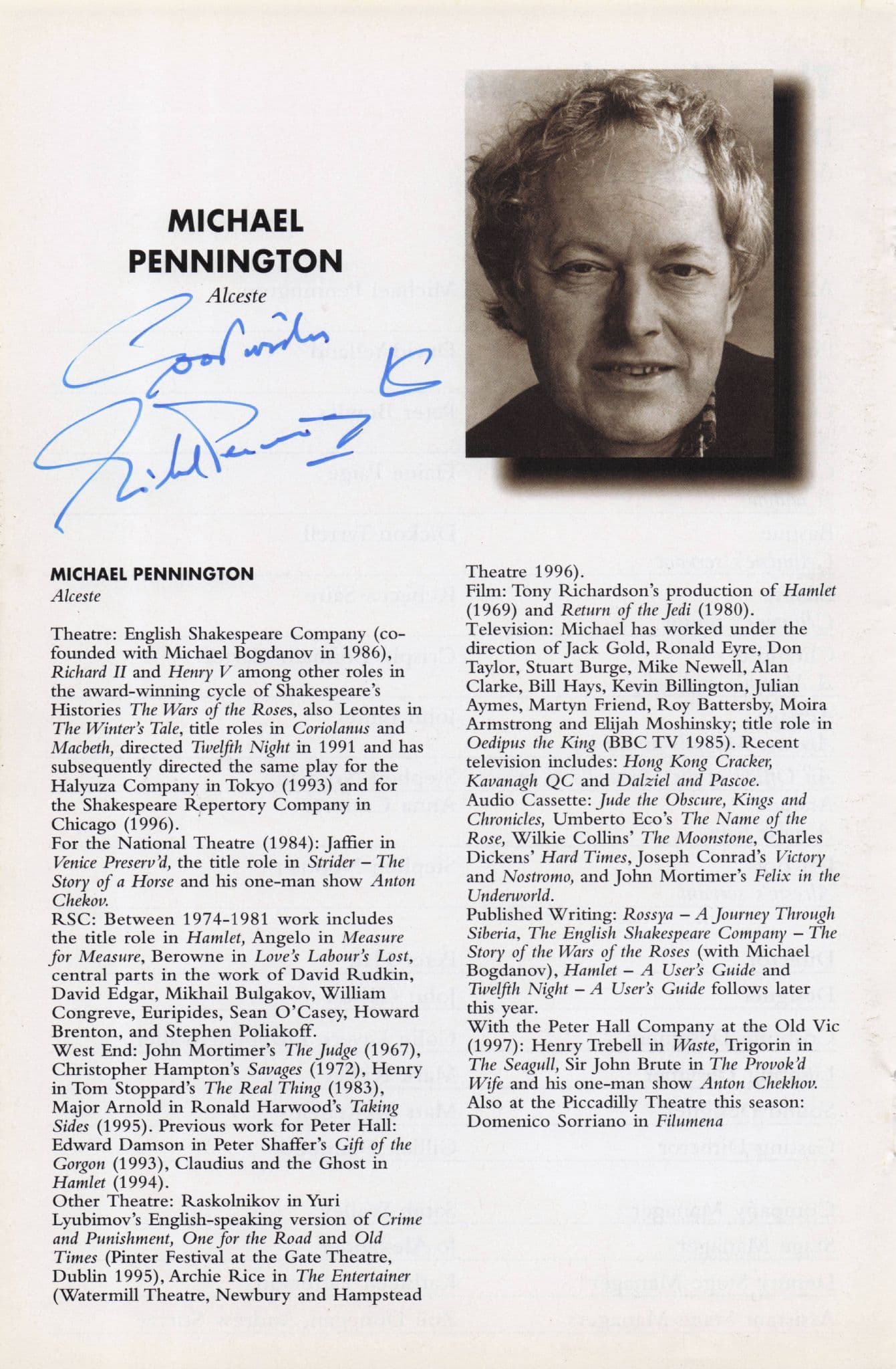 Michael Pennington Star Wars Vintage Hand Signed Theatre Page