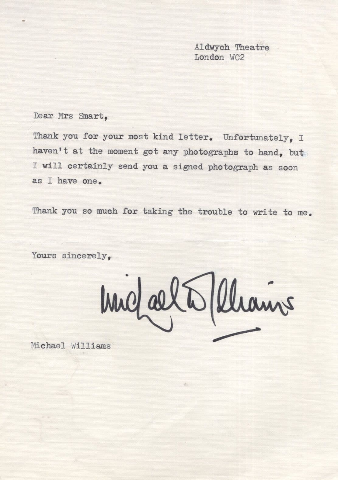 Michael Williams Vintage Hand Signed Autograph Letter