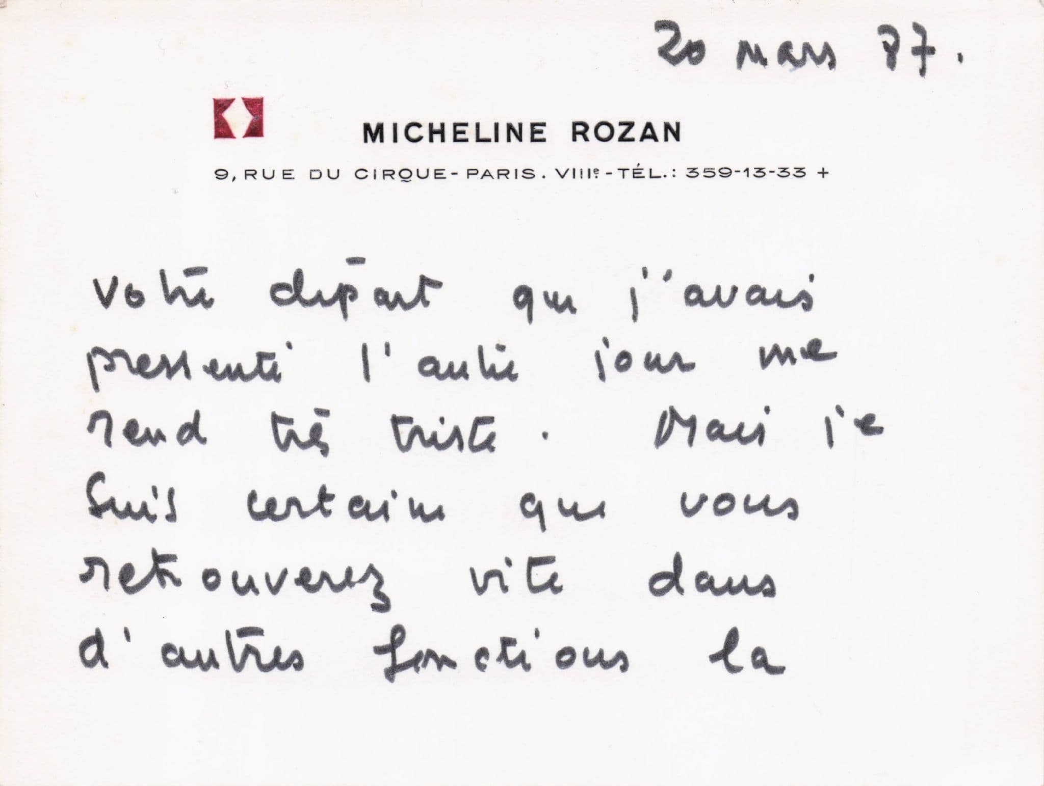 Micheline Rozan French Jewish Film Producer Hand Signed Card Letter