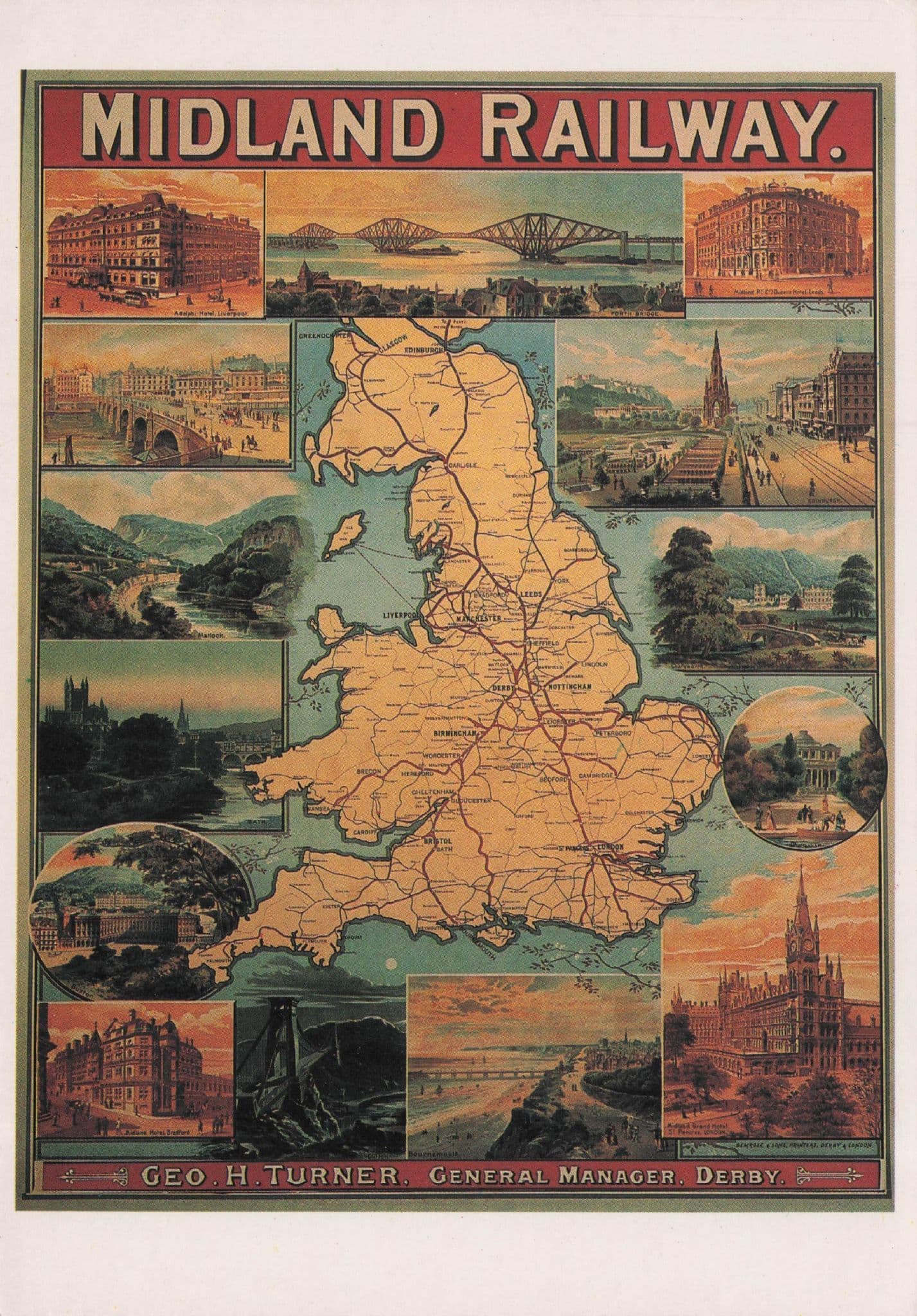 Midland Railway British Map Train Routes in 1890 Poster Postcard
