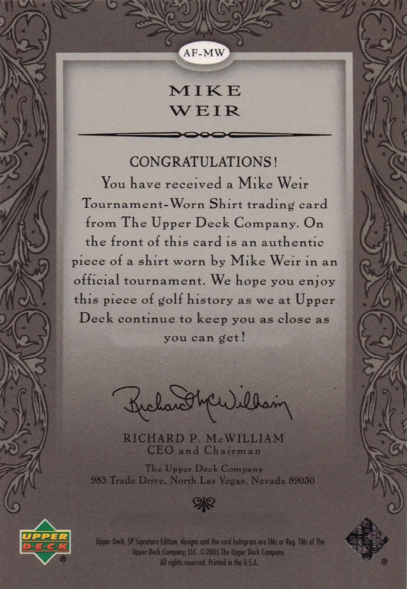 Mike Weir Authentic Fabrics 2005 SP Golf Upper Deck Worn Shirt Card