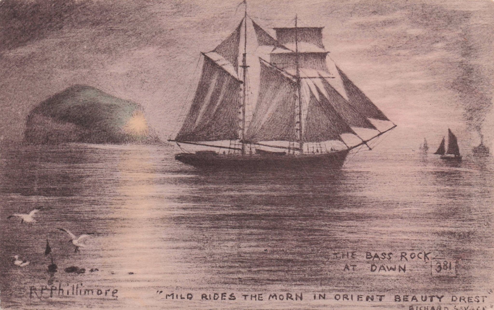 Mild Rides The Morn Phillimore Bass Rock Scotland Ship Old WW1 Postcard