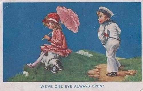 Military Navy Boy Sailor Urinating Behind Lady Umbrella Dog Humour Postcard