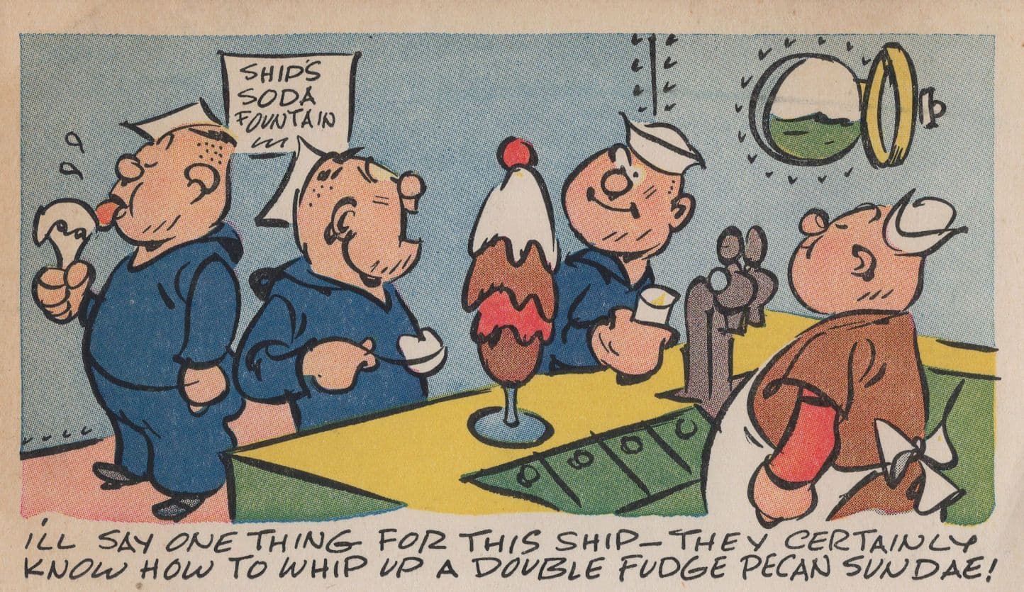 Military Sailor Ship Soda Ice Cream Fountain Sundae Old Comic Postcard