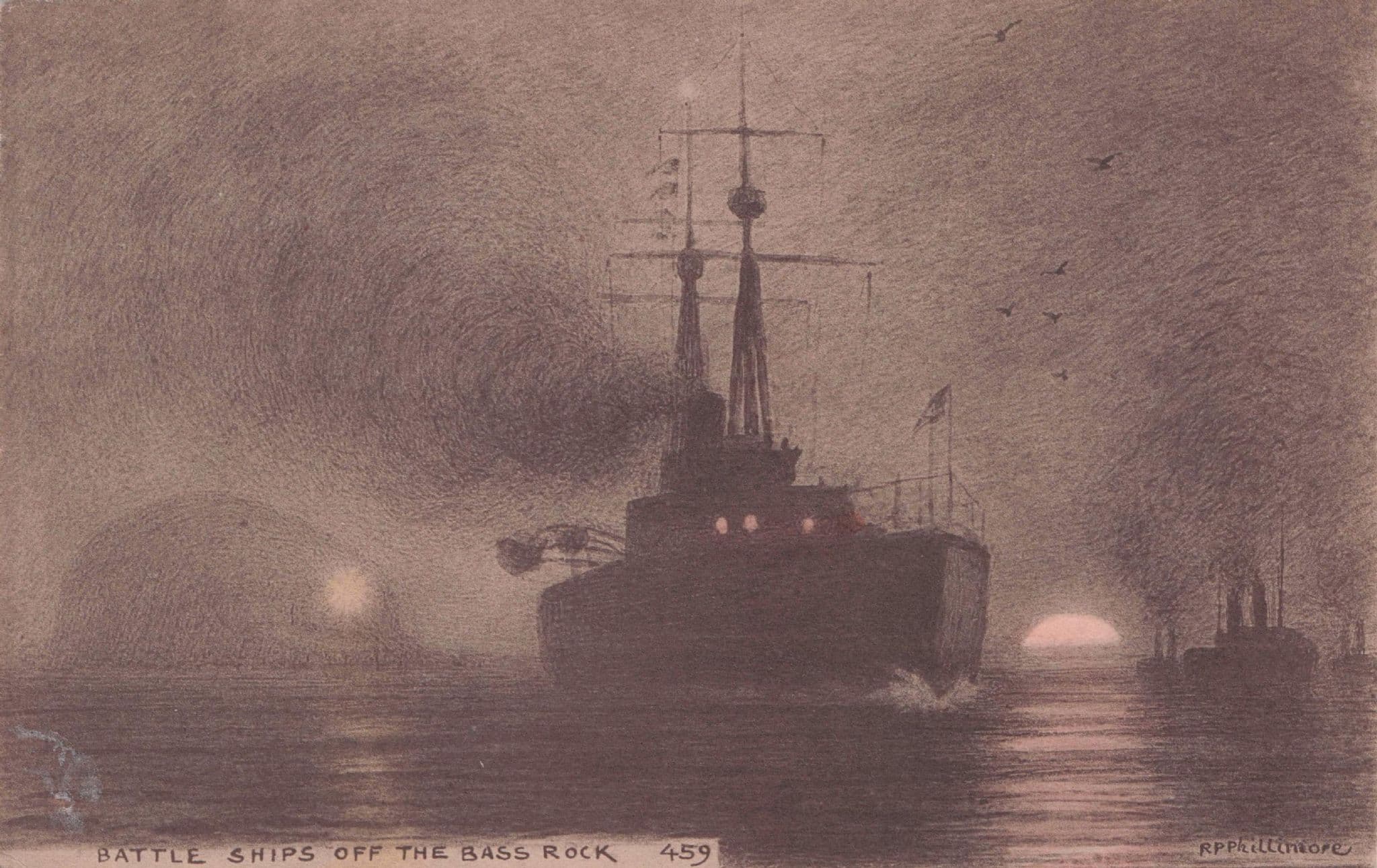 Military War Battle Ships Off Bass Rock Berwick Scottish Phillimore Postcard
